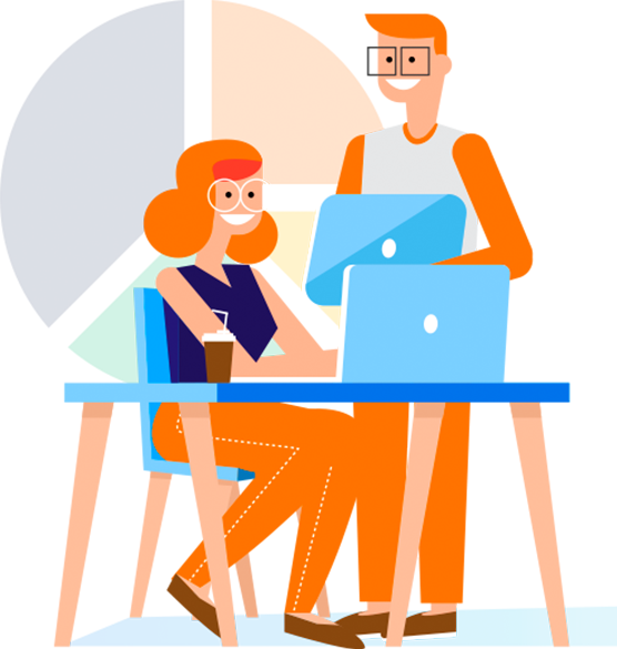 man with woman behind laptop